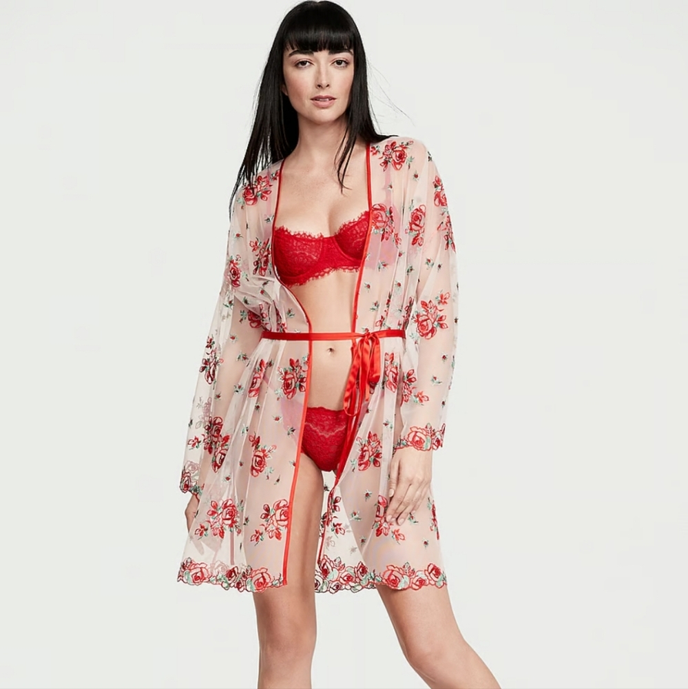 NWT Victoria's Secret Floral Embroidery Sheer Mesh Robe Sizes XS/S